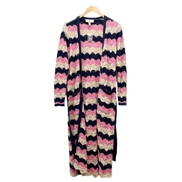 Laurie Felt Pointelle Knit Maxi Cardigan Duster Sweater Navy Pink Tan Size XXS - Picture 7 of 16